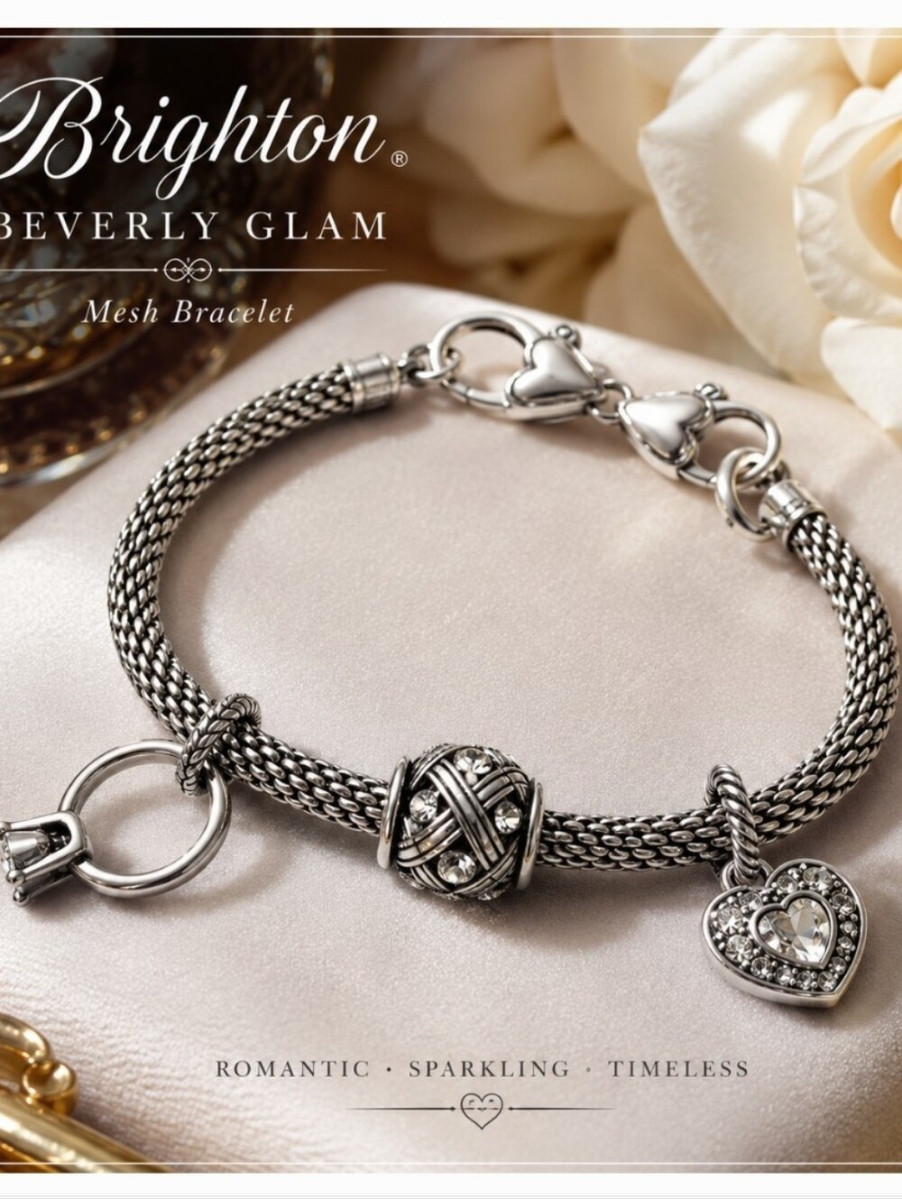 Brighton Beverly Glam Mesh Charm Bracelet Crystal Heart Ring Charm Silver Tone
